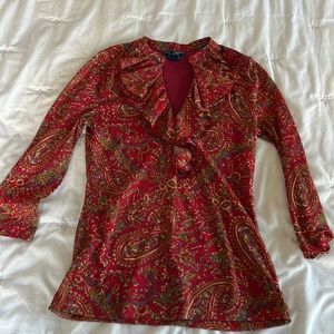 Chaps Denim 3/4 Sleeve Ruffle V-Neck Semi Sheer Women's Blouse Size XS